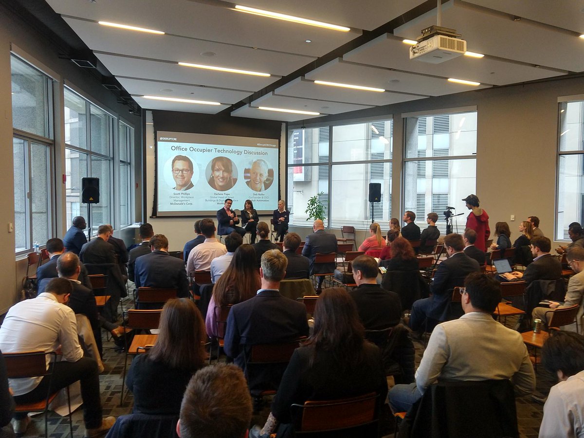 SwitchHQ's tweet photo. Switch CEO @DebNoller moderating an #occupier panel discussion at @DisruptCRE Chicago today, featuring @DarlenePopeWe of @WeWork and Scott Phillips of @Mcdonalds. #DisruptCREChicago https://t.co/UTgtJqkZyG