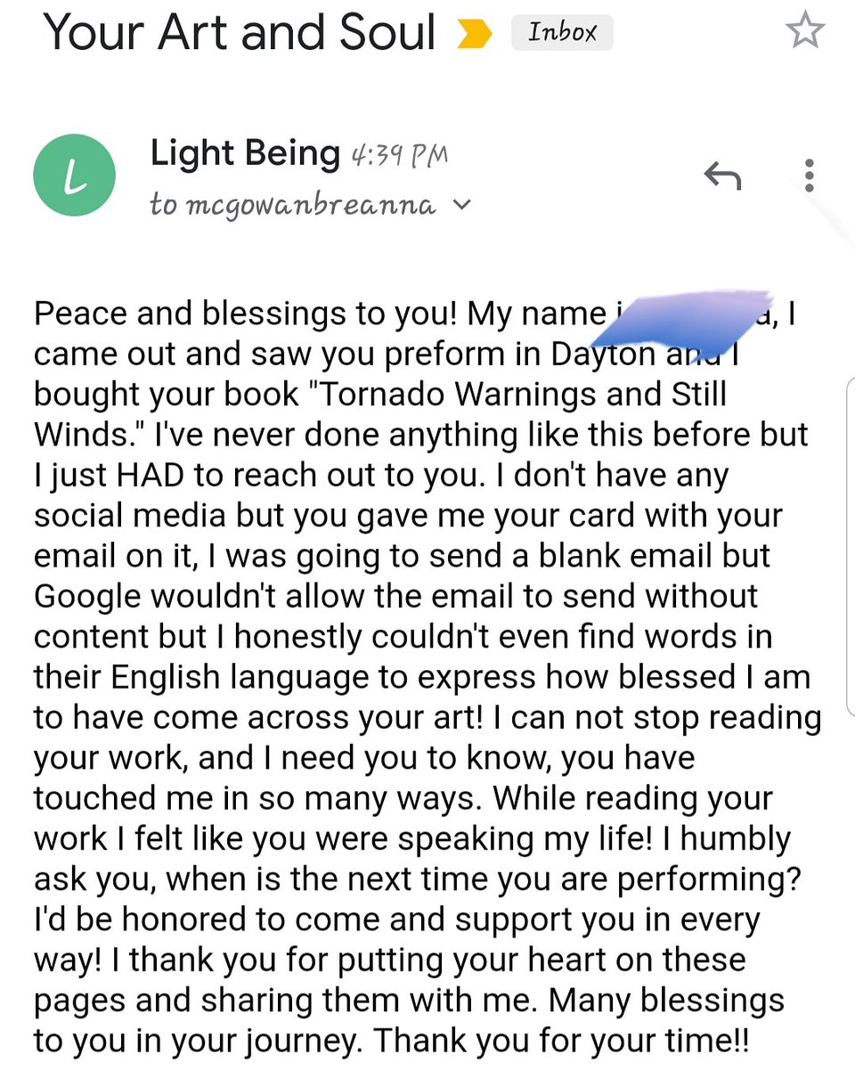 BDM92's tweet photo. Yo!😭😭😭 I received this email from a lady that came to a show recently and bought a book.
(She doesn't have social media and I didn't want to put her name out either) It's been a long, and rough few months. But this definitely let me know I'm doing something right! 🙏🏽🙏🏽 https://t.co/8iiu018AGE