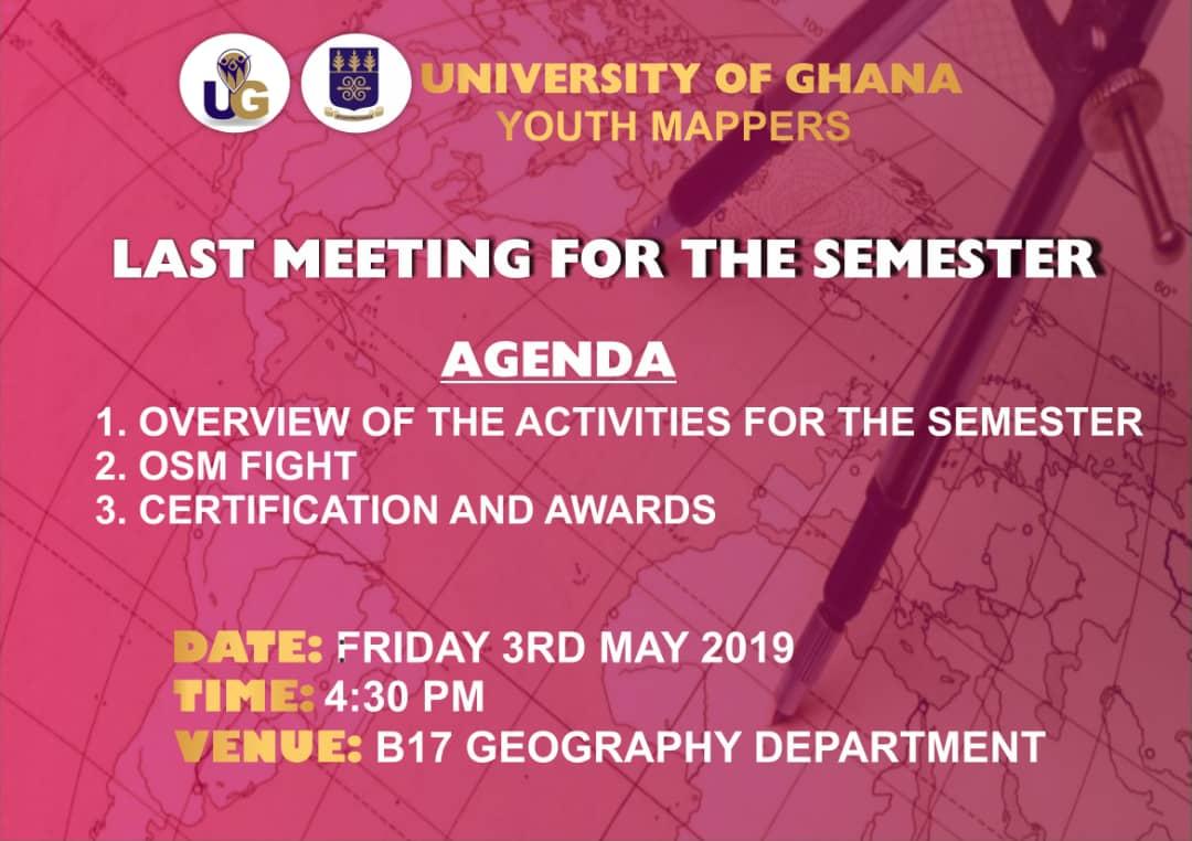 UG YouthMappers (@ugyouthmappers) on Twitter photo Hello everyone, University of Ghana YouthMappers is having its last general meeting tomorrow 3rd May, 2019. 
It is going to be massive and marvelous one. Invitation is open to all. Additional details are on the flier. Thank you. Hello everyone, University of Ghana YouthMappers is having its last general meeting tomorrow 3rd May, 2019. 
It is going to be massive and marvelous one. Invitation is open to all. Additional details are on the flier. Thank you.