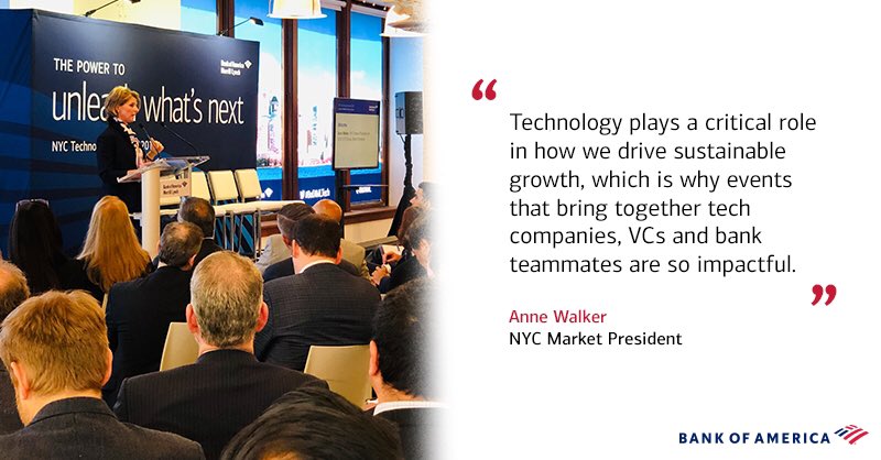 BofA_News's tweet photo. Kicking off the #BofAMLTech Summit, NYC Market President Anne Walker offers her take on why today’s gathering of the NYC #tech community is so important. https://t.co/1sXnpVEZhs