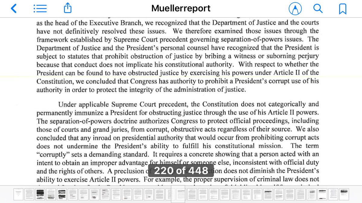 54. And on pg 220, the Money Shot: Mueller concludes the Constitution does not immunize a president from obstructing justice & tells Congress they are in charge of protecting America from a corrupt president*.Perspective: No man is above the law and Trump may even be beneath it