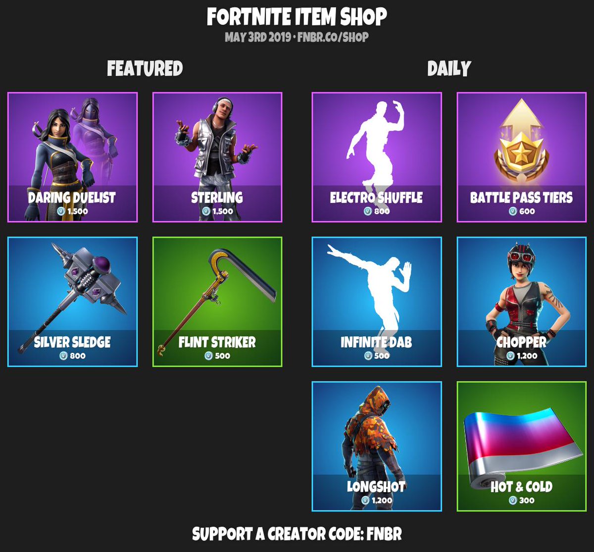 fortnite item shop for may 3rd 2019 https fnbr co shop use creator code fnbr if you d like to support us pic twitter com rbms88jpcc - boutique fortnite 24 juin