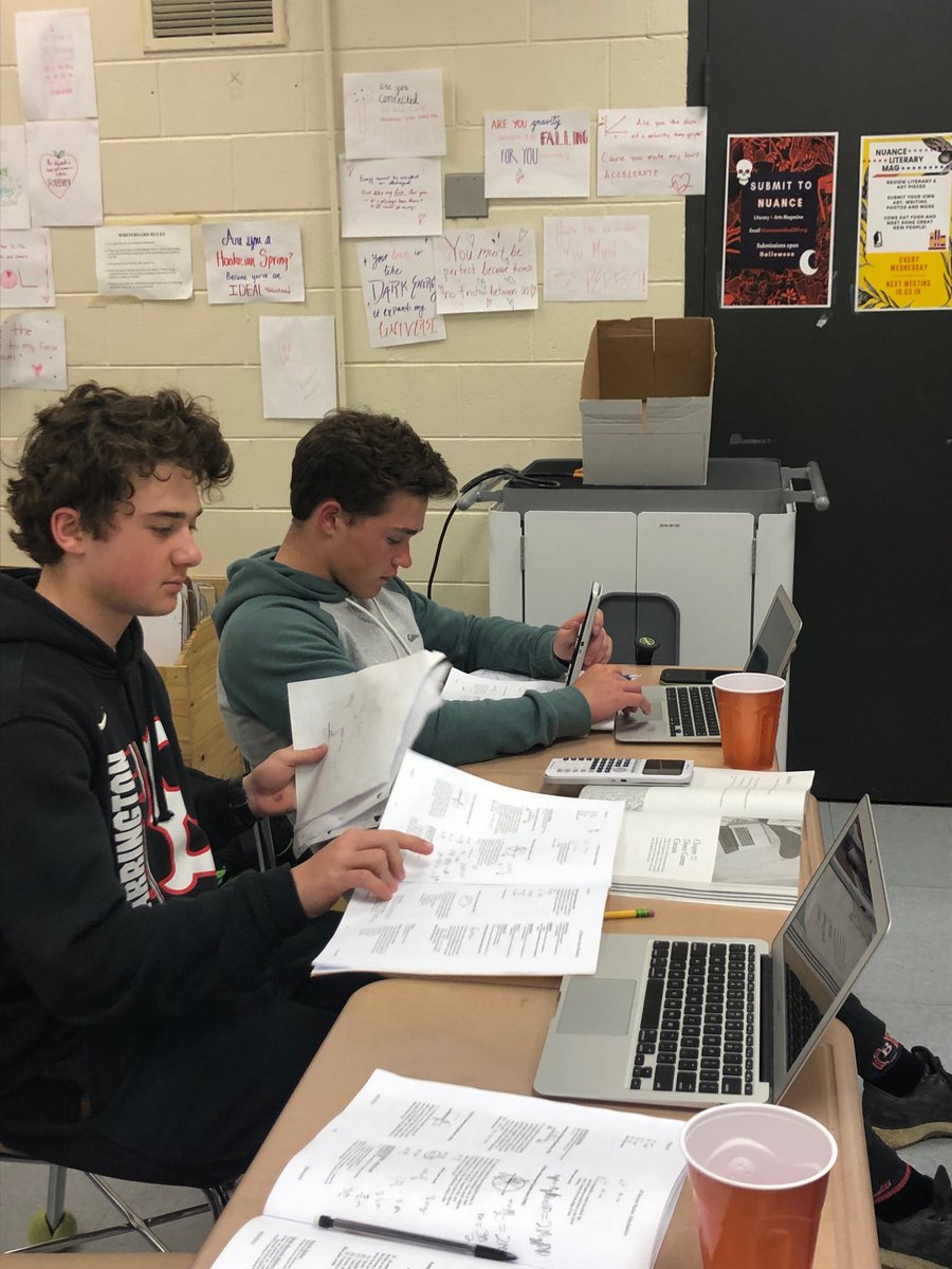 DKFizx's tweet photo. Students preparing for AP 1 exam during today’s pm study session.  Think 5. ⁦@jbaylor77⁩ ⁦@BarringtonHS220⁩ #cooperation #BHSPhysics https://t.co/broK9iI4Uq