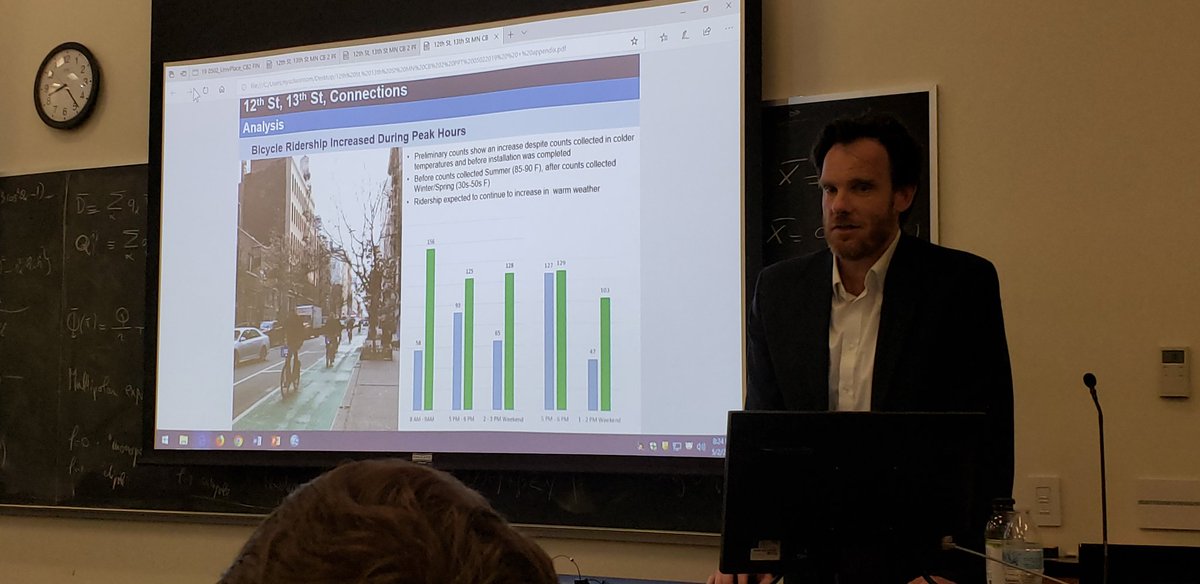 bikeloveny's tweet photo. At CB2_Manhattan @NYC_DOT
Show imoressive ridership increases on 12 and 13th #bikenyc crosstown lanes. Before in blue, after in green. https://t.co/kDTjSvU0cB