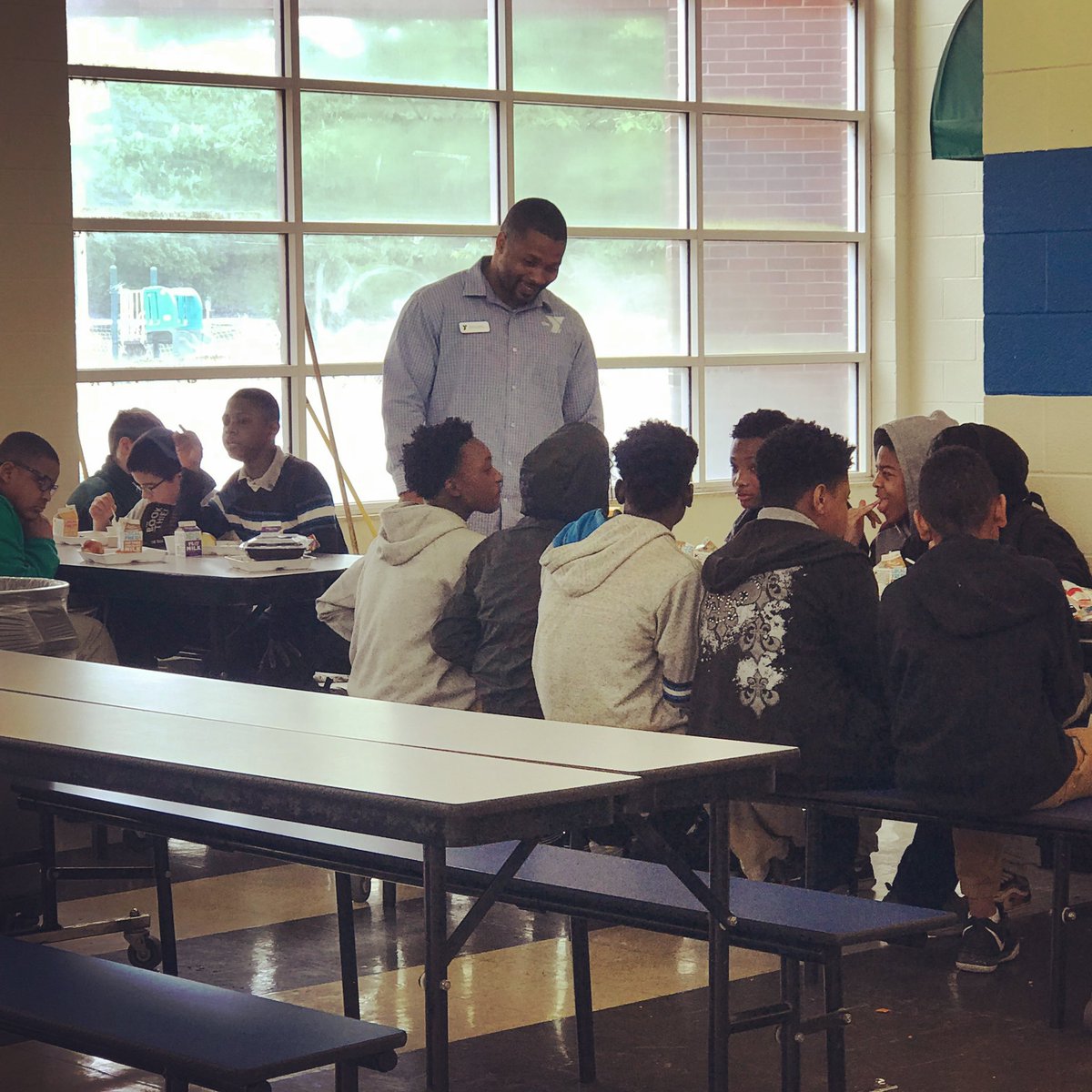 Snowden Principal for a Day, Fred Quarles, rocking Mrs. Stallsmith’s personal favorite admin duty... lunch duty with 7th grade.  Word on the street has it that they challenged him, as Director of YMCA, to a track meet.  He’ll need to bring his A game to beat these Greendogs. <a href="/SCS/">ِ</a>
