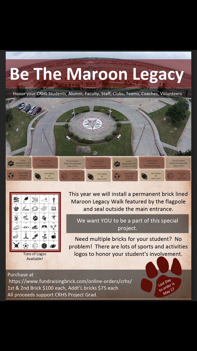We have had a tremendous response to our campaign but the deadline of May 17th is quickly approaching! Don’t miss out on your opportunity to order a Legacy Brick. Contact Dana Ecklund if you have questions. #crhsprojectgrad2019