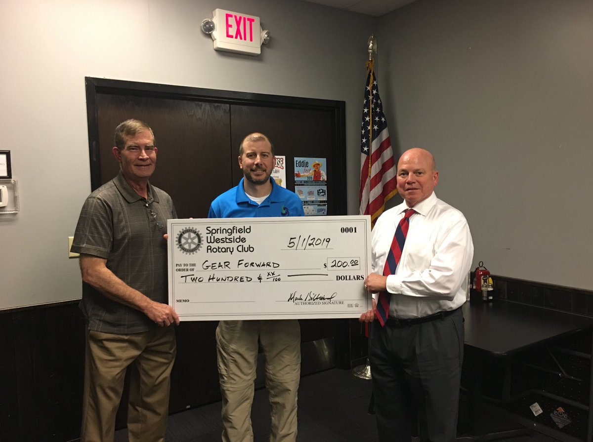 Many thanks to our friends at the Springfield Westside Rotary for donating $200 to Gear Forward. We will be keeping these funds local and putting them to good use by outfitting the campers of Camp Care-A-Lot Compass for Kids for Kids this summer. <a href="/Rotary/">Rotary International</a> #hikerchat #rotary