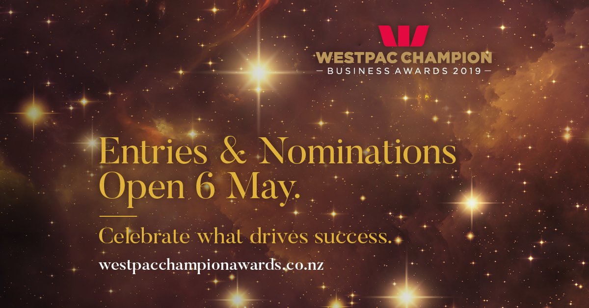 Celebrate what drives success.

Entries and nominations for the 2019 Westpac Champion Business Awards open Monday 6 May.

Don't miss the opportunity to be part of these high-profile awards and start thinking about entering! 

Find out more here: westpacchampionawards.co.nz
