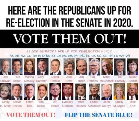 jl_olmsted's tweet photo. While we're driving Trump to ground with investigations & impeachment & picking our best POTUS Trump-slayer for 2020, let's not forget the GOP SCUM-BAG SENATORS we must get rid of too. Here they are, the political scum of the earth, LET'S VOTE THEM ALL OUT!
#VoteTheGOPOut https://t.co/OvlfY8NPuP