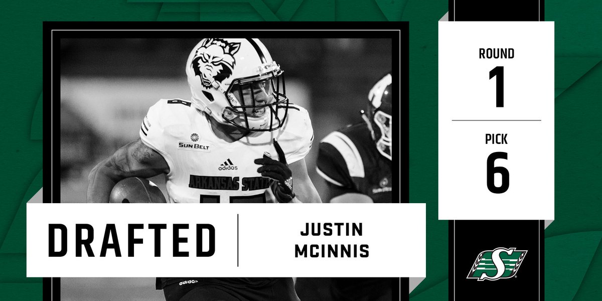 CFL's tweet photo. First-round target. 🎯

The @sskroughriders have selected REC Justin McInnis (@AStateFB) sixth overall.

#CFLDraft | https://t.co/NktQTriZXu https://t.co/qjXR2iGT1g