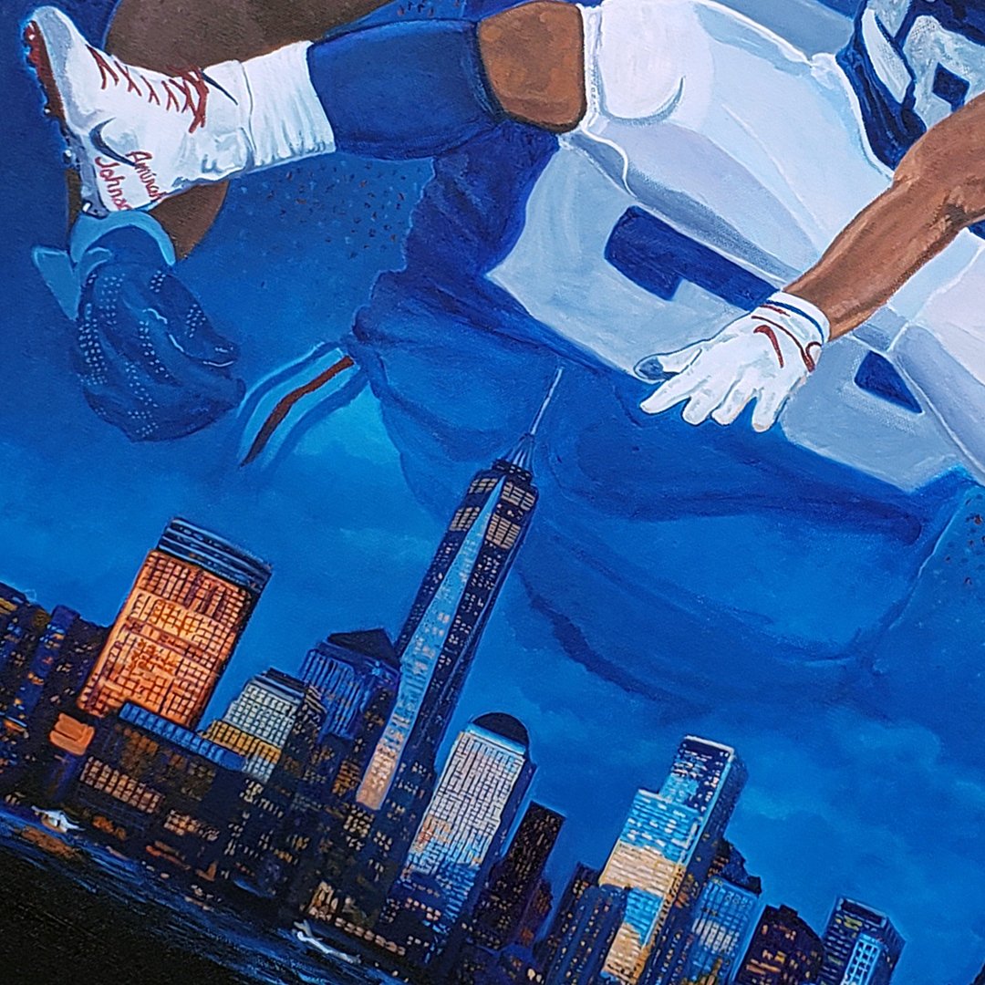 EdgarJBrown's tweet photo. Details from my new "Skys the Limit" @saquon #26 #nygiants painting. Original painting is 30" x 40" acrylic on canvas. @Giants @rocnation @RocNationSports #skysthelimit #rookieoftheyear #nfl #deaconjonesfoundation #edgarjbrown #edgarbrown https://t.co/DP7BZOMVXg