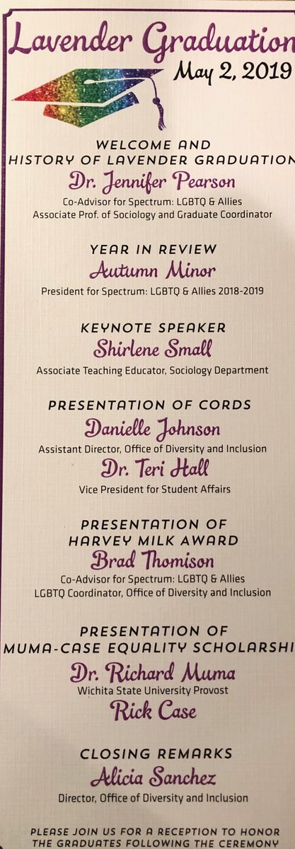 WSU_Provost's tweet photo. Congratulations to the scholarship recipients and graduates at the 2019 โฆ@WichitaStateโฉ โฆ@WSUDiversityโฉ #LavendarGraduation ceremony! #wsunow #LGBTQ๐ณ๏ธโ๐๐ณ๏ธโ๐๐ณ๏ธโ๐ https://t.co/BXcBOailvx