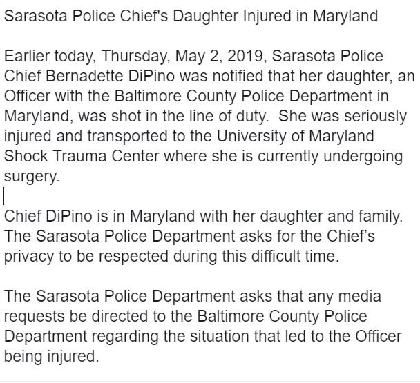 Today Chief DiPino was notified that her daughter, an Officer @BaltCoPolice, was shot in the line of duty. She was seriously injured & transported to the University of Maryland Shock Trauma Center. We ask for the Chief’s privacy to be respected during this difficult time.