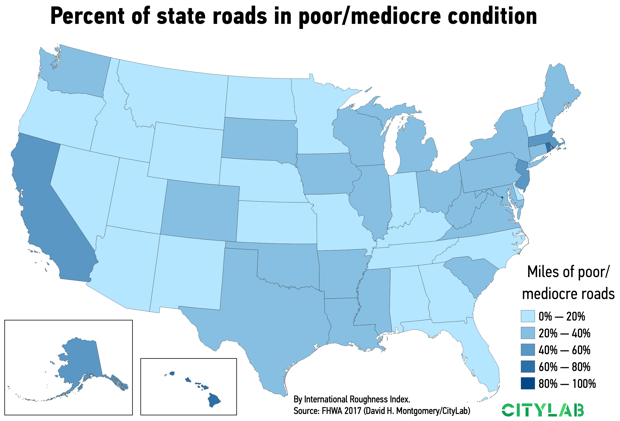 CityLab's tweet image. With a $2 trillion infrastructure plan in the works on Capitol Hill, are you curious what states have the worst road conditions? And what metro areas have the most drivers traveling on bad roads?

See maps by @dhmontgomery in our #MapLab newsletter: trib.al/NPFB5Sf