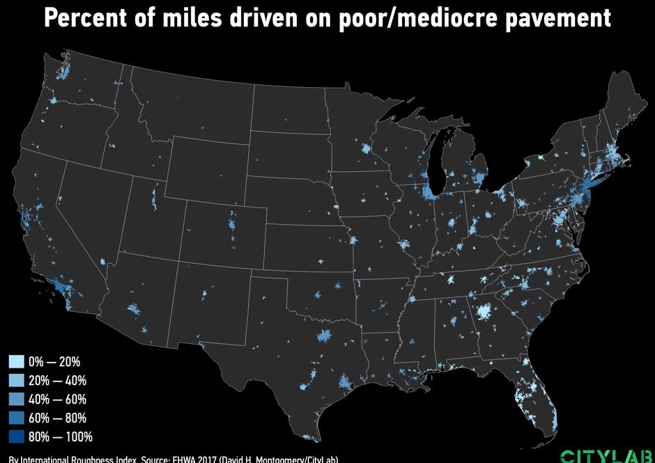 CityLab's tweet image. With a $2 trillion infrastructure plan in the works on Capitol Hill, are you curious what states have the worst road conditions? And what metro areas have the most drivers traveling on bad roads?

See maps by @dhmontgomery in our #MapLab newsletter: trib.al/NPFB5Sf
