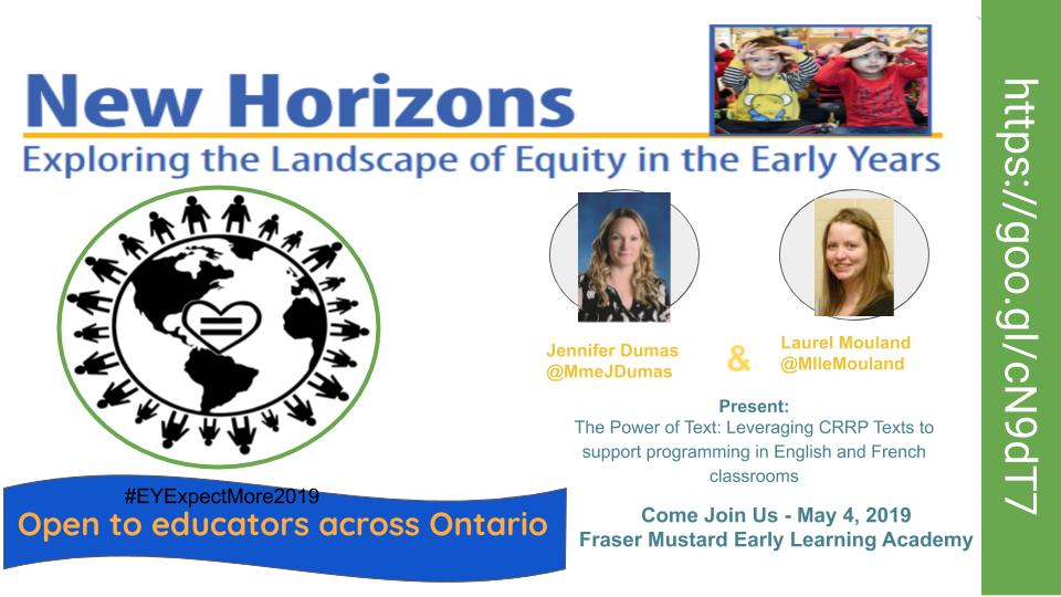 Excited to present with the talented @MlleMouland at the New Horizons Early Years Equity Conference on Saturday May 4 about CRRP and Inquiry with a French Immersion perspective! @TDSB_Corvette @TDSB_ESPS @EarlyYearsTDSB @TDSB_fsl