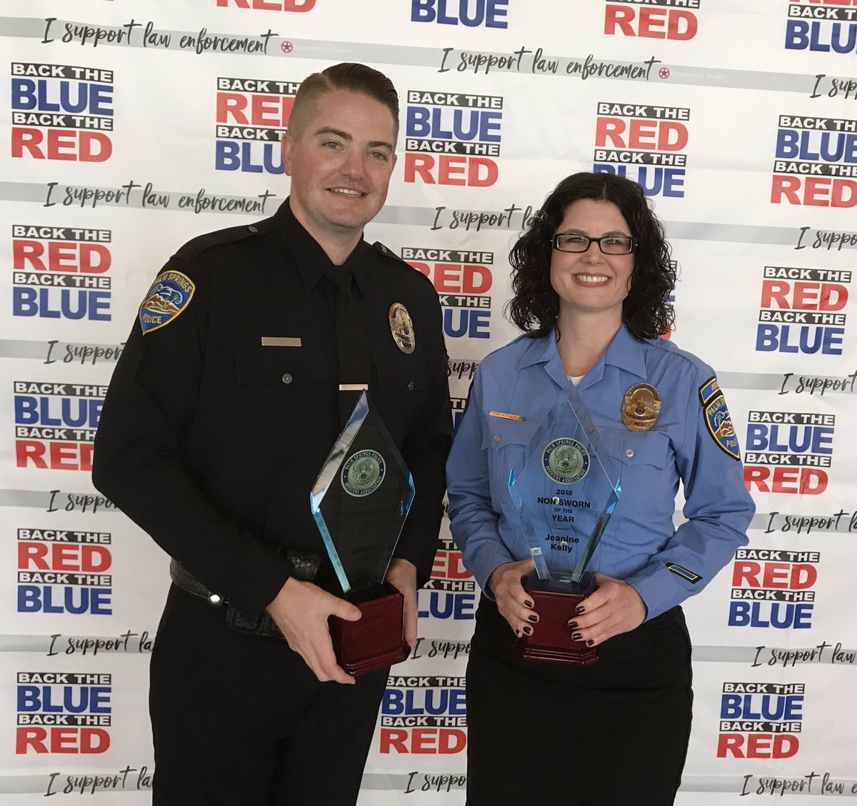 PalmSpringsPOA's tweet photo. Today the PSPOA was honored to present Court Liaison Officer Jeanine Kelly with the Non Sworn Employee of the Year Award and Officer Alex Doherty with the Officer of the Year Award. #pspoa #palmspringspolice #pspd https://t.co/OaRO2fw7Do