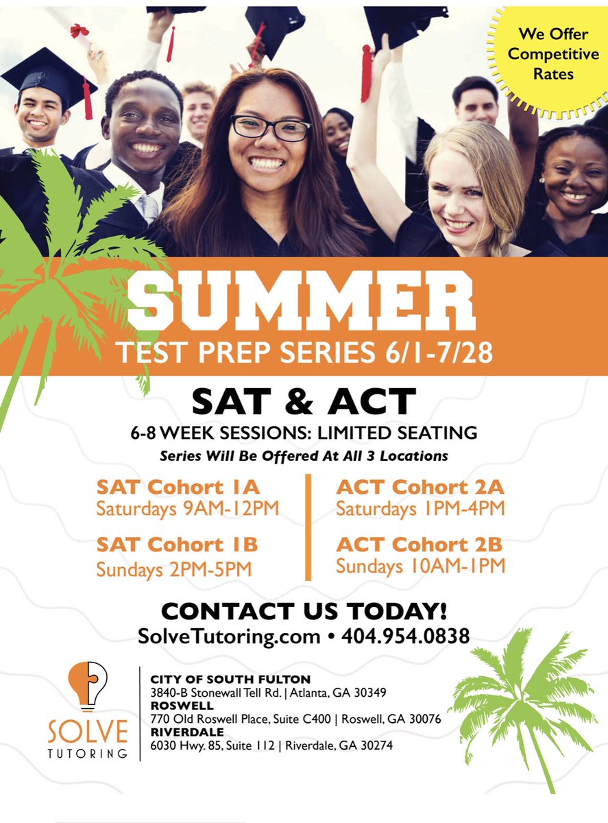 <a href="/SolveTutoring/">Solve Tutoring</a>  is here this Summer to help the students of <a href="/FultonCoSchools/">FultonCountySchools</a> &amp; @ClaytonCountyGa as an academic resource for families. Offering tutoring 1/2 off and Test Prep all Summer long. 
Affordable &amp; Flexible Payment Plans Available. We ❤️ all our students!