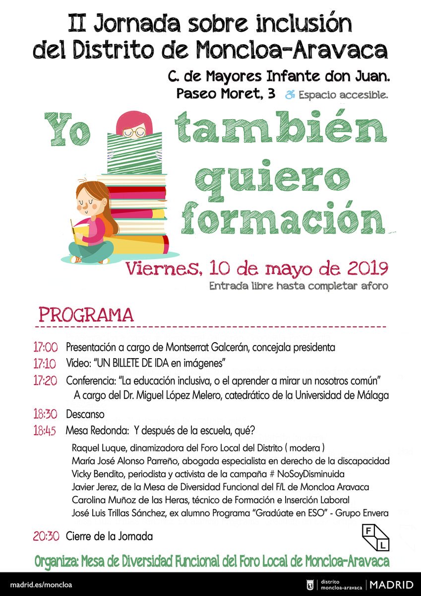 👆 Esta tarde a las 🕔 5 te esperamos en el Centro de Mayores Infante don Juan para hablar de formación e inclusión. 
Esta II Jornada por la inclusión es posible gracias al trabajo de la Mesa de Diversidad Funcional de nuestros <a href="/ForosLocales/">Foros Locales de Madrid</a>