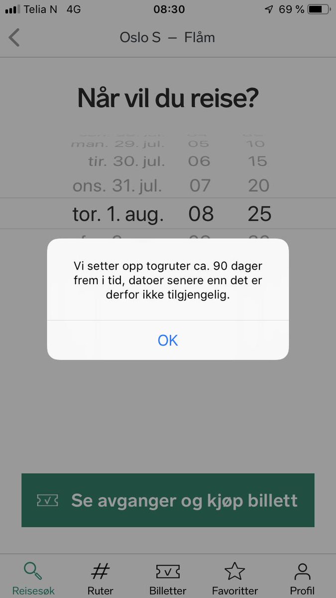 Skal tog bli et godt alternativ til fly må vi kunne bestille billetter lenger fram i tid. Flybilletter til høst- og juleferie 2019 kan jeg få, men ikke togbilletter i slutten av årets sommerferie. @vygruppen @nsb_no #tog #grøntskifte #UX