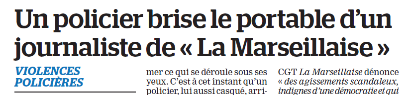 LeoPurguette's tweet photo. Le téléphone d'un journaliste de @lamarsweb brisé par un policier pour l'empêcher de filmer des violences le #1ermai Papier à lire dans La Marseillaise d'aujourd'hui. Soutien à @AmauryBaque #ViolencesPolicieres #Journalistes #CaSuffit cc @CgtMarseillaise https://t.co/AqWzoyVOHA