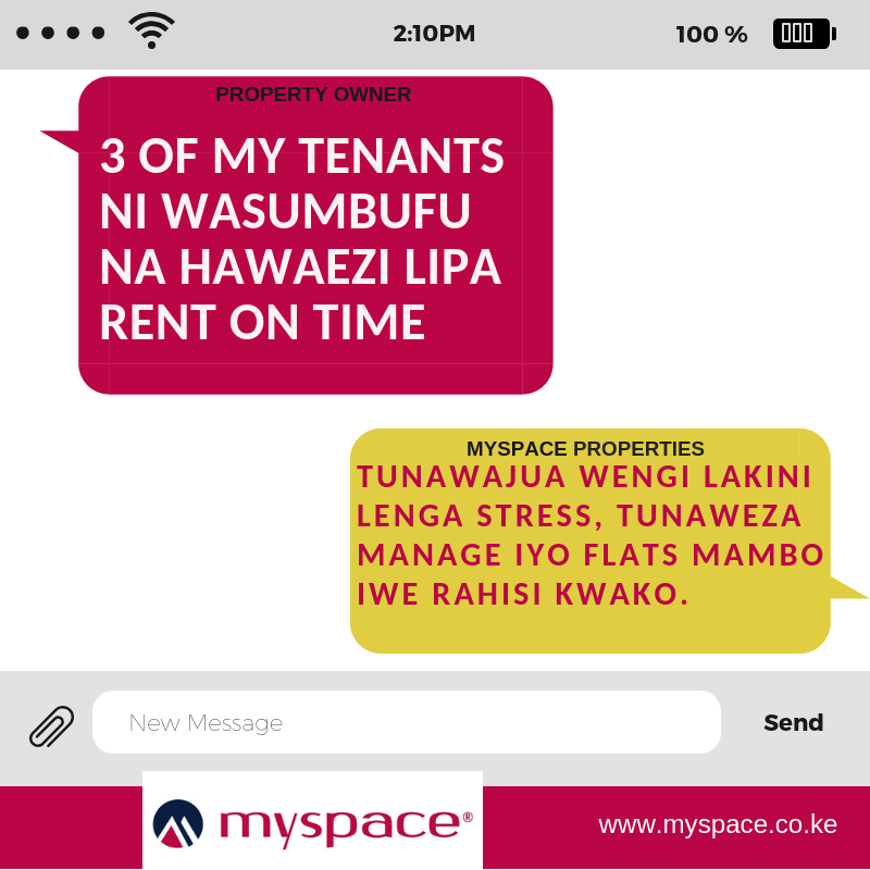 Myspace_Kenya's tweet photo. Lenga Stress!
Tunaweza Manage iyo Property yako wewe ukiendelea na biashara yako ya kila siku.
Tupigie simu leo tukuchanue!
#LengaStress #TunawezaManage #TGIF #FridayMotivation #realestateagent #Nairobi #Mombasa https://t.co/fpduo3yAa9