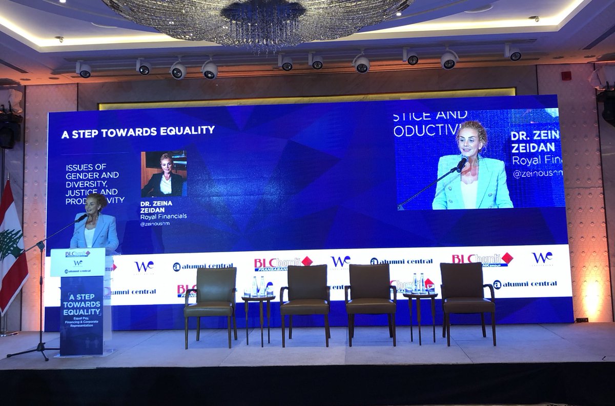 WeInitiative's tweet photo. Next on stage is Dr. Zeina Zeidan, Chair of the Board, Royal Financials, discussing issues of gender and diversity, justice and productivity. #GenderGapLebanon #We_Chose_You @AlumniCentral https://t.co/Js3fGEyCYH