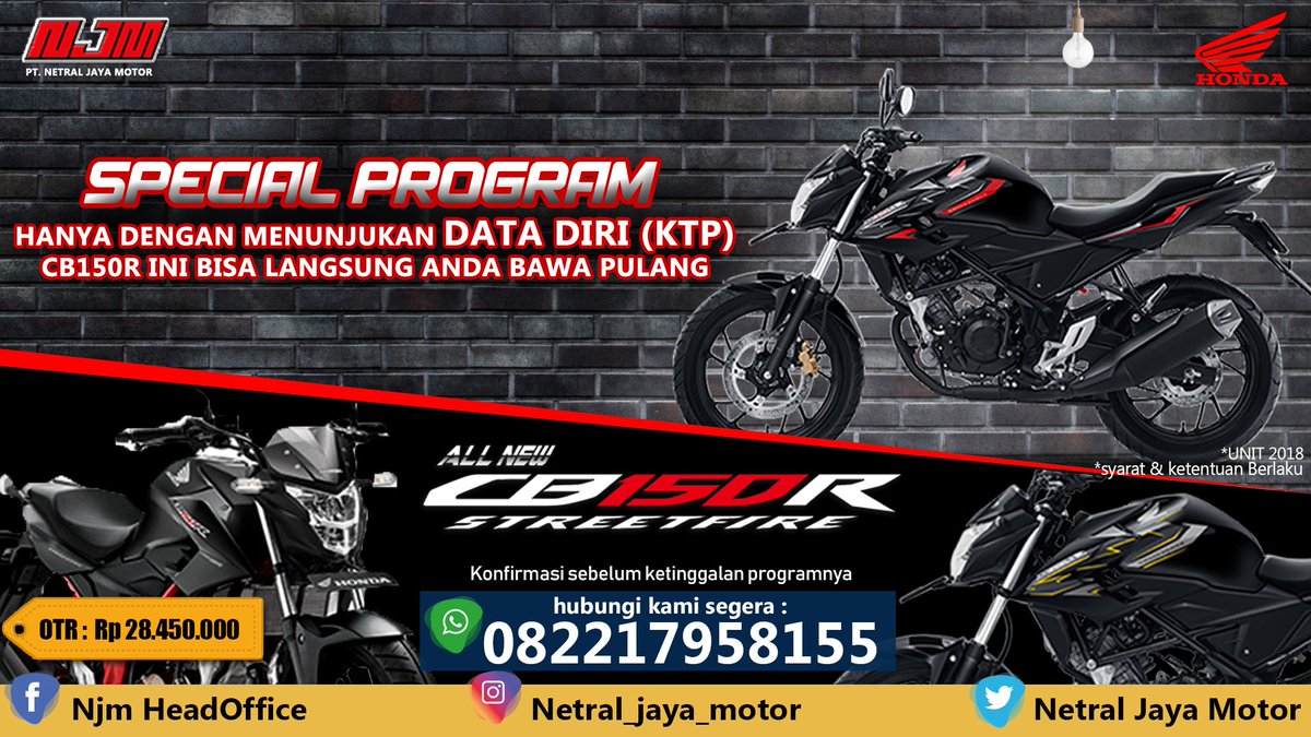NetralJayaMotor's tweet photo. @ASFI_ID  lagi ada program promo nih buat cb150r yuk WA tanya tanya dulu aja,

follow aku sosial media kita untuk dapatkan info terbaru Harga motor, biaya servis dan promo diskon https://t.co/SytSGkQMsx