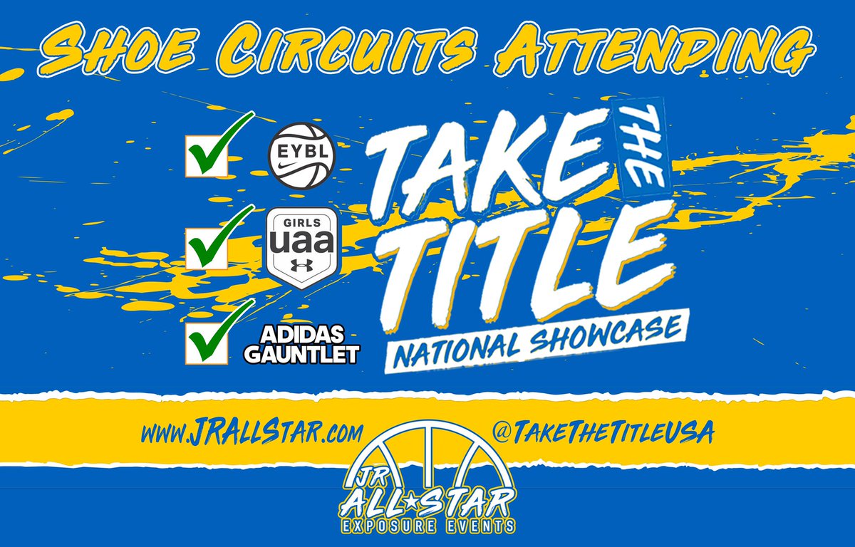 Who is attending the 2k19 #TakeTheTitle🏆: National Showcase?!

Teams from all 3️⃣ shoe circuits will be in attendance:
✅ UAA
✅ EYBL
✅ Gauntlet

8️⃣ Courts + 1️⃣ Facility = ALL GAMES PLAYED UNDER 1️⃣ ROOF

🔵 NCAA Certified
🗓 May 17-19, 2019
 🔗 JrAllStar.com/Take-The-Title