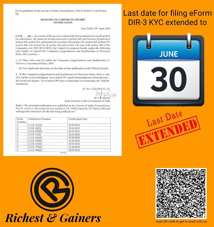 RichestGainers's tweet photo. Directors DIN KYC filing date extended to 30/06/2019 #Compliance #AskUs https://t.co/hJ5uw4nPaX