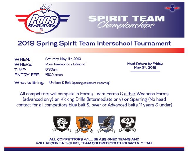 JasonPoos88's tweet image. Attention all Yellow Belt and Higher (Ages - 17 years of age

Your entry form for this event is due Sunday, May 5 by 8:00pm.
Email us for a entry form and we will send you one right over.
Come join the team tournament fun!

Questions, just email us at poostkd@gmail.
