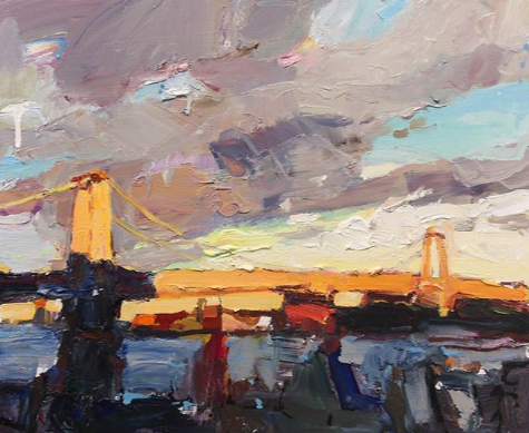 A trip to #NewYork would not be complete without a #painting of my favourite bridge. I’ve painted this from the south before... but wow! The view from the north at sundown blew my socks off 🧦 💥 “Williamsburg Bridge, Late Light”, 35X45cm, oil on board.