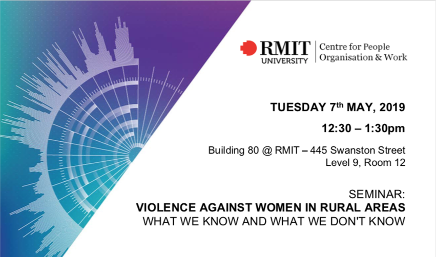 DrMeaganTyler's tweet photo. Another great @RMITCPOW seminar coming up next week - with @Dekeseredy speaking on violence against women in rural areas. RSVP to: cpow@rmit.edu.au - it's free! #VAW #MVAW #EndVAW #PVAW https://t.co/3xElM8X7QF