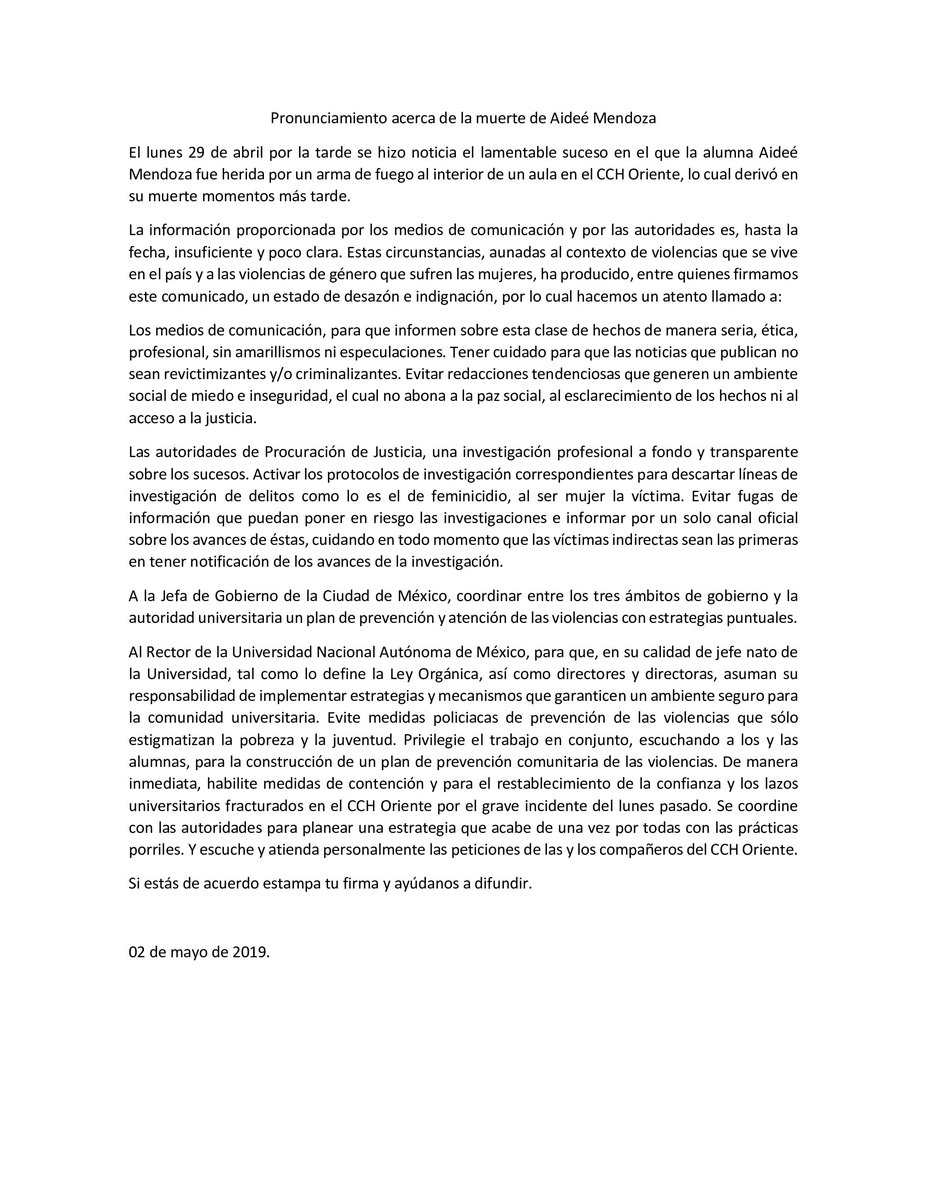 AACritik's tweet photo. Pronunciamiento sobre la muerte violenta de Aideé Mendoza CCH Oriente. Gracias a quienes firmaron por su solidaridad en tiempos difíciles. Faltó una hoja más de firmas que el Twitter no permite. Difundir. @PGJDF_CDMX @ErnestinaGodoy_ @Claudiashein @Cimacnoticias @GobCDMX https://t.co/BTfe1yGARM