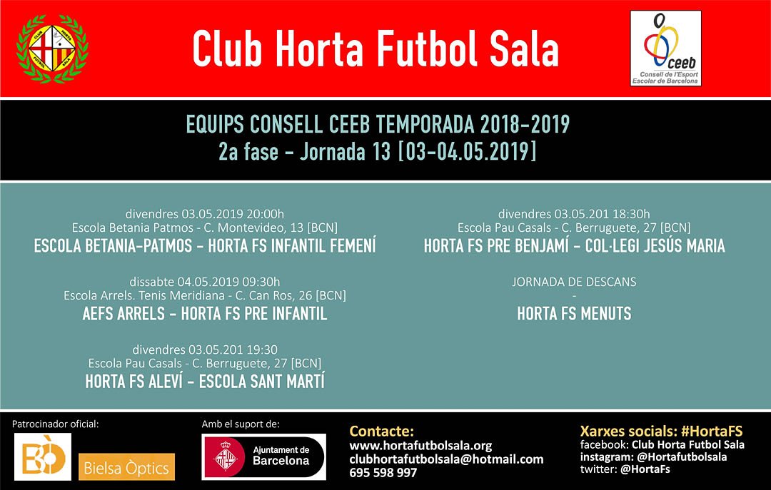 HortaFS's tweet photo. Horaris dels partits dels equips del #CEEB d'aquest cap de setmana
#HortaFS #Horta #Futbolsala https://t.co/s1Jr1i4nbj