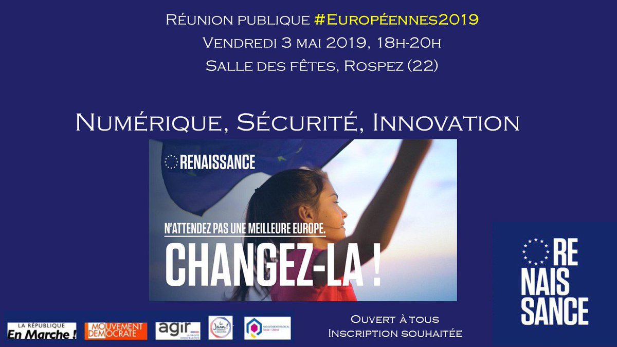 Après <a href="/mlegall22/">Michel Le Gall</a> à notre réunion publique de Lannion, retrouvez ce soir <a href="/GaelCornec/">Gaël Cornec</a> à l'animation de celle de Rospez, 18h à la salle des fêtes, autour de <a href="/JacquesRobin65/">Jacques Robin</a>, <a href="/ebothorel/">Éric Bothorel #FluctuatNecMergitur</a> et <a href="/joel_le_jeune/">Joël Le Jeune</a>. Merci aux bénévoles de <a href="/EMLannion/">Renaissance Lannion-Trégor</a> qui font vivre la campagne #Europeennes2019 !