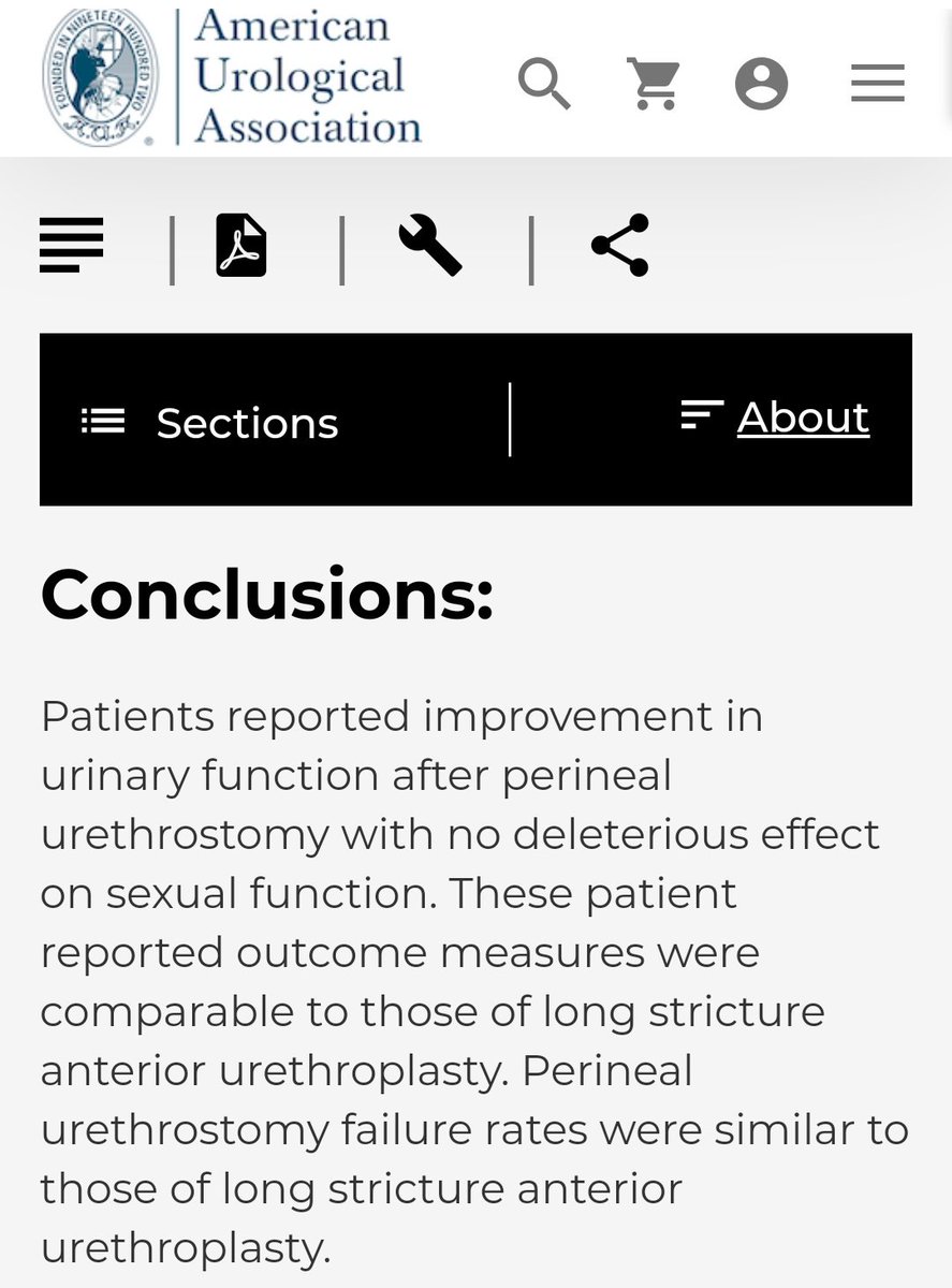 Multicenter retrospective study comparing urethroplasty vs perineal urethrostomy (PU) in long (>6cm) anterior strictures:

✔️ PU Shows improved urinary function with no deleterious effect on #SexualFunction

📍Failure rate at 2 years
urethroplasty - 30.2%
PU - 14.5%

#UroSoMe