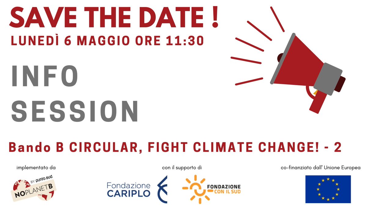 puntosud's tweet photo. E’ online da ormai due settimane il bando #BCircular2 ed è quindi arrivato il momento di saperne di più! SAVE THE DATE: lunedì 6 Maggio alle 11:30 ci sarà l’info session! 
Per iscriverti scrivi a puntosud@noplanetb.net
@FondCariplo @ConilSud @europeaid 
#NOPLANETB #SDG12 #SDG13 https://t.co/QxliZzXoVS