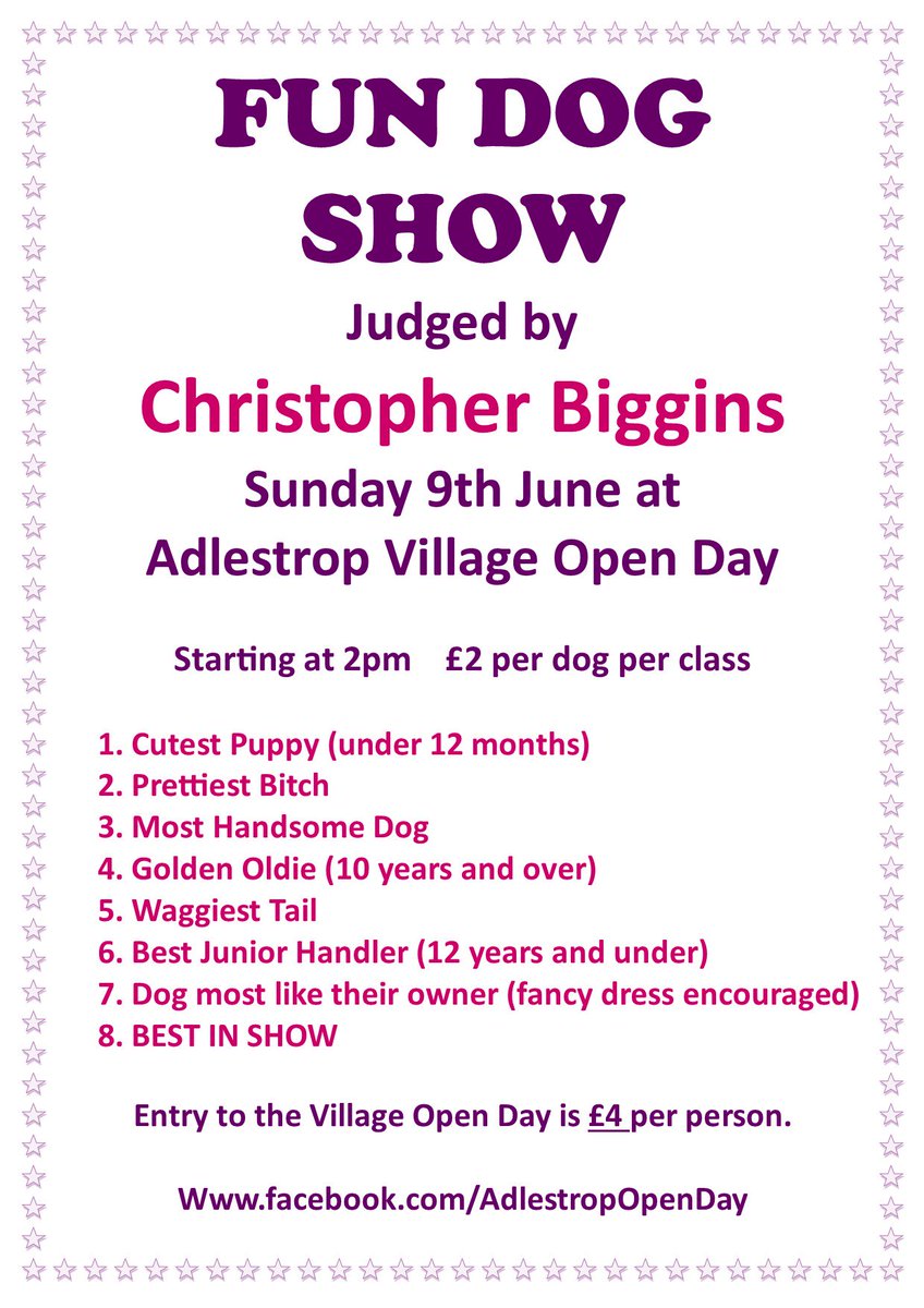 Our famous fun dog show is in it's 10th year and we are honoured to have Christopher Biggins judging the show!  Dog show classes have been announced! #fundogshow #adlestrop #cotswolds #sunday9thjune #gloucestershire