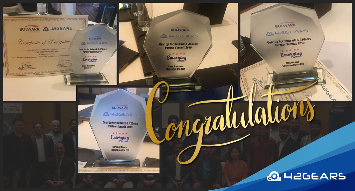 42gears's tweet photo. 42Gears team would like to congratulate all the #EmergingPartners at #Bulwark and 42Gears #PartnerSummit2019. Looking forward to continuous support and fruitful partnership!
#VirusRescuers #StrongRootsTechnologies #NetDesiresTechnologies #DataCaptureSystems https://t.co/eXJNMAMrOf