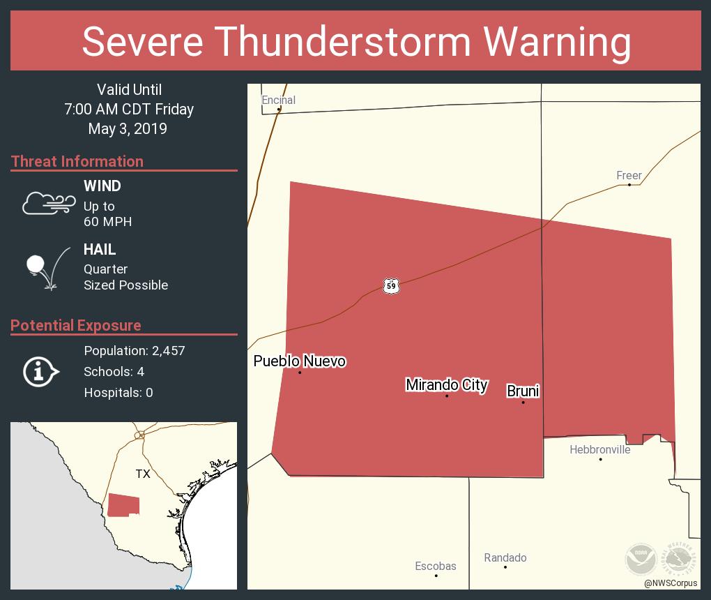 Severe Thunderstorm Warning continues for Pueblo Nuevo TX, Bruni TX