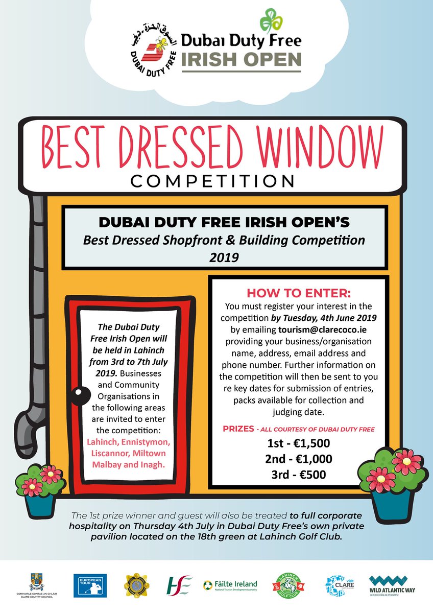ClareCoCo's tweet photo. Businesses and community organisations in Lahinch, Liscannor, Ennistymon, Miltown Malbay and Inagh are invited to take part in the Dubai Irish Open Best Dressed Window Competition. https://t.co/TkZreGU8Pc