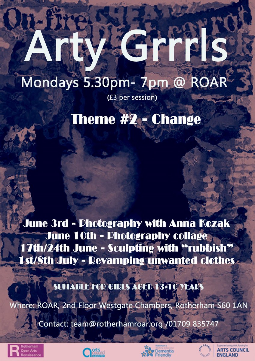 rotherhamroar's tweet image. Arty Grrrls is back at ROAR on June 3rd, for 6 Mondays from 5.30-7pm. Kicking off with a special photography session with artist Anna Kozak, the rest will explore creating art with unwanted materials. Suitable for girls 13-16 years, £3 per session!  #recycle #change