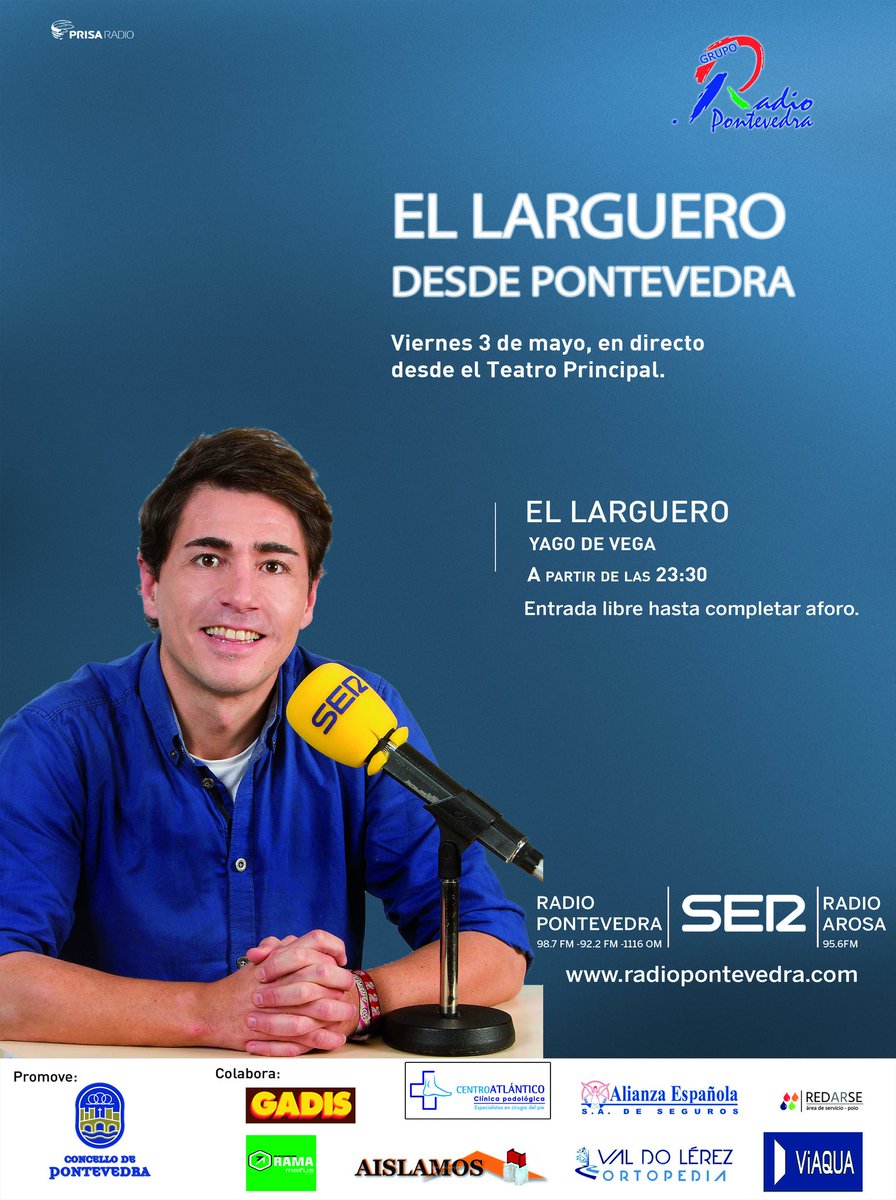 #Radio || Esta noche <a href="/ellarguero/">El Larguero</a> de <a href="/La_SER/">Cadena SER</a> en directo desde el Teatro Principal de #Pontevedra con toda la información del <a href="/ITUpontevedra19/">ITUpontevedra19</a> 
¡¡ No te lo pierdas!! Entrada gratuita hasta completar aforo
<a href="/Pontevedrate/">Concello de Pontevedra</a>