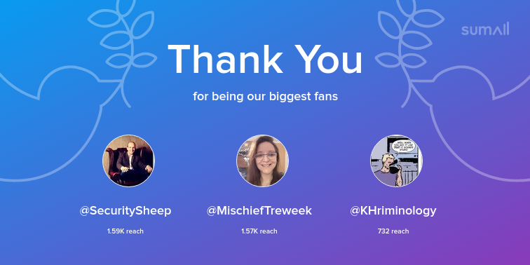 Our biggest fans this week: SecuritySheep, MischiefTreweek, KHriminology. Thank you! via sumall.com/thankyou?utm_s…