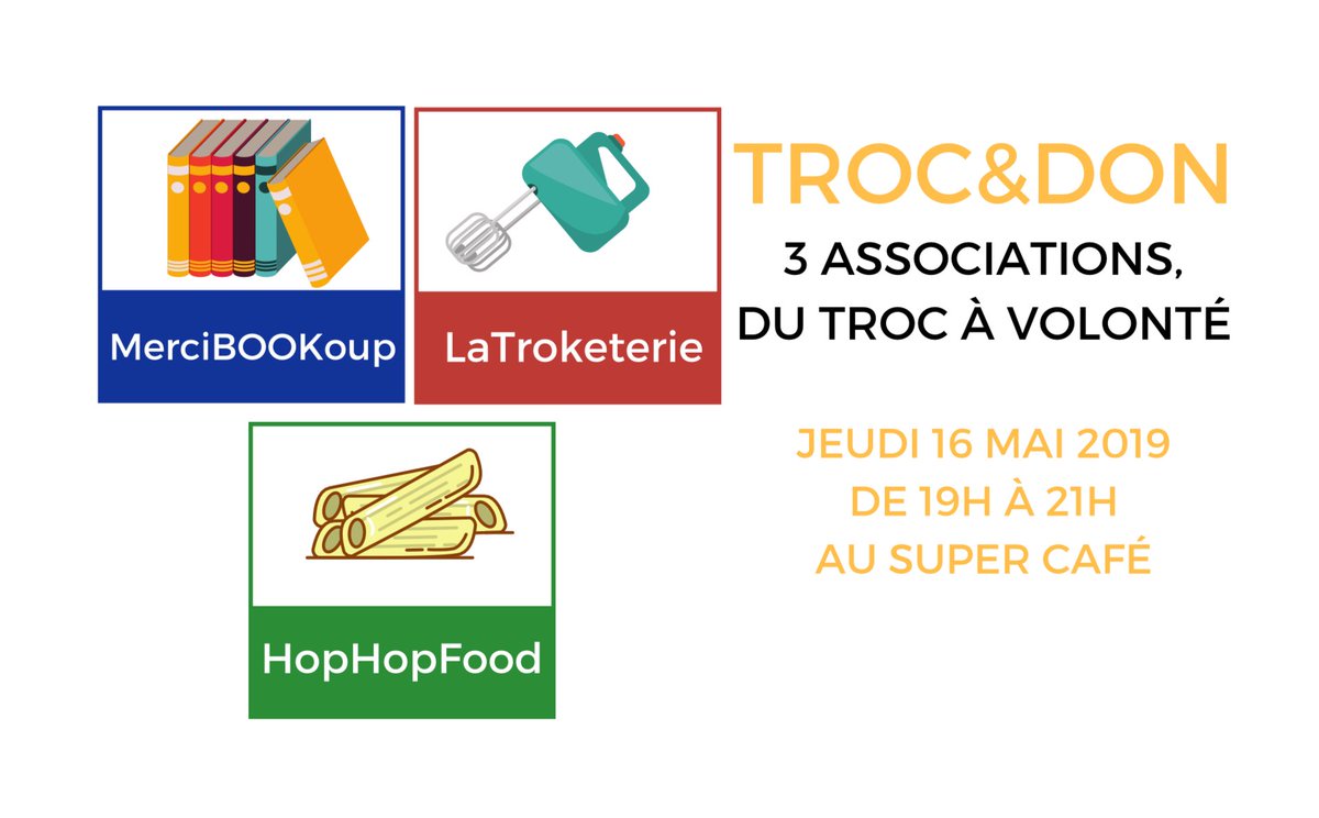 [SOIRÉE TROC &amp; DON]
Rendez-vous le 16 mai dès 19h au SUPER Café pour une grande soirée troc et don avec <a href="/troketerie/">LaTroketerie</a>, Merci Bookoup et <a href="/HopHopFood/">HopHopFood</a> ! #troc #don #ESS #EconomieCirculaire
Plus d'info : supercafe.fr/soiree-special…