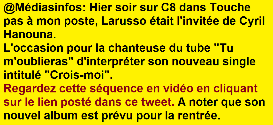 Mediasinfos's tweet photo. 20 ans après son tube #TuMoublieras, la chanteurse #Larousso est de retour avec un nouveau titre intitulé #CroisMoi. 
https://t.co/oWekIsrRhC https://t.co/ztMN9c8pth