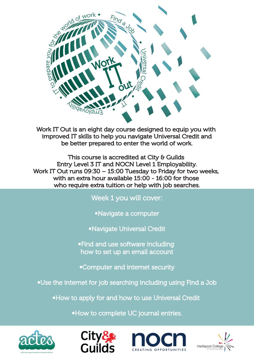 Resourcecntr's tweet image. Are you unemployed, aged 19+ &amp;amp; need help with IT to help you prepare to enter work? Work IT Out, a free 8-day IT and employability course could be for you.
Next course starts Tues 7th May &amp;amp; runs Tues to Fri for 2 weeks.
Book via: 01642 255001 @JCPinDurhamTees