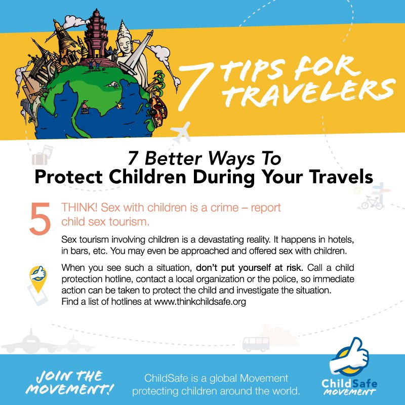 ChildSafe_Intl's tweet photo. Tip 5 - THINK! Sex with children is a crime – report child #sextourism. https://t.co/mQdZPMpqjc https://t.co/SkzSBDbTPu