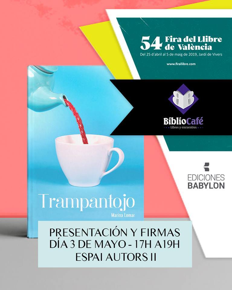 Hoy viernes 3 de mayo, a las 19:00 horas, la escritora Marina Lomar, presentará su novela 'Trampantojo'. El acto se llevará a cabo en el Espai II de la Feria del libro de Valencia. La acompañará Marta Querol. Ingreso libre
#presentaciondelibro #feriadellibrodevalencia